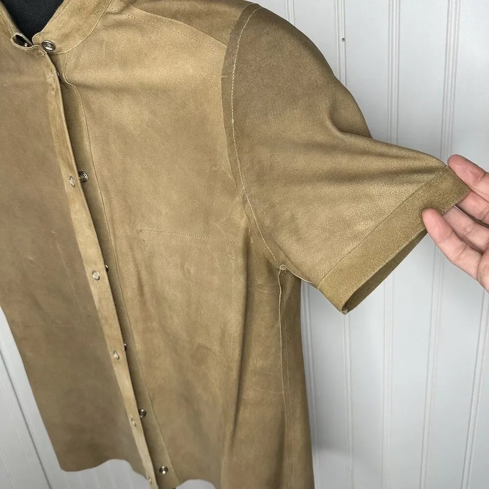 Michael Kors Brown Suede Top Sz S? Pearl‎ Snap Short Sleeve Italy Quiet Luxury